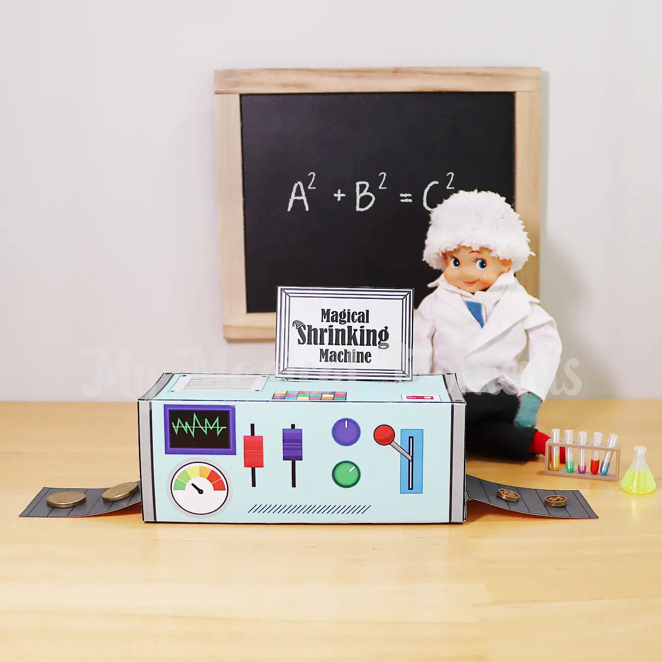 Elf dressed as a Scientist using a shrinking machine printable, shrinking money to elf sized coins