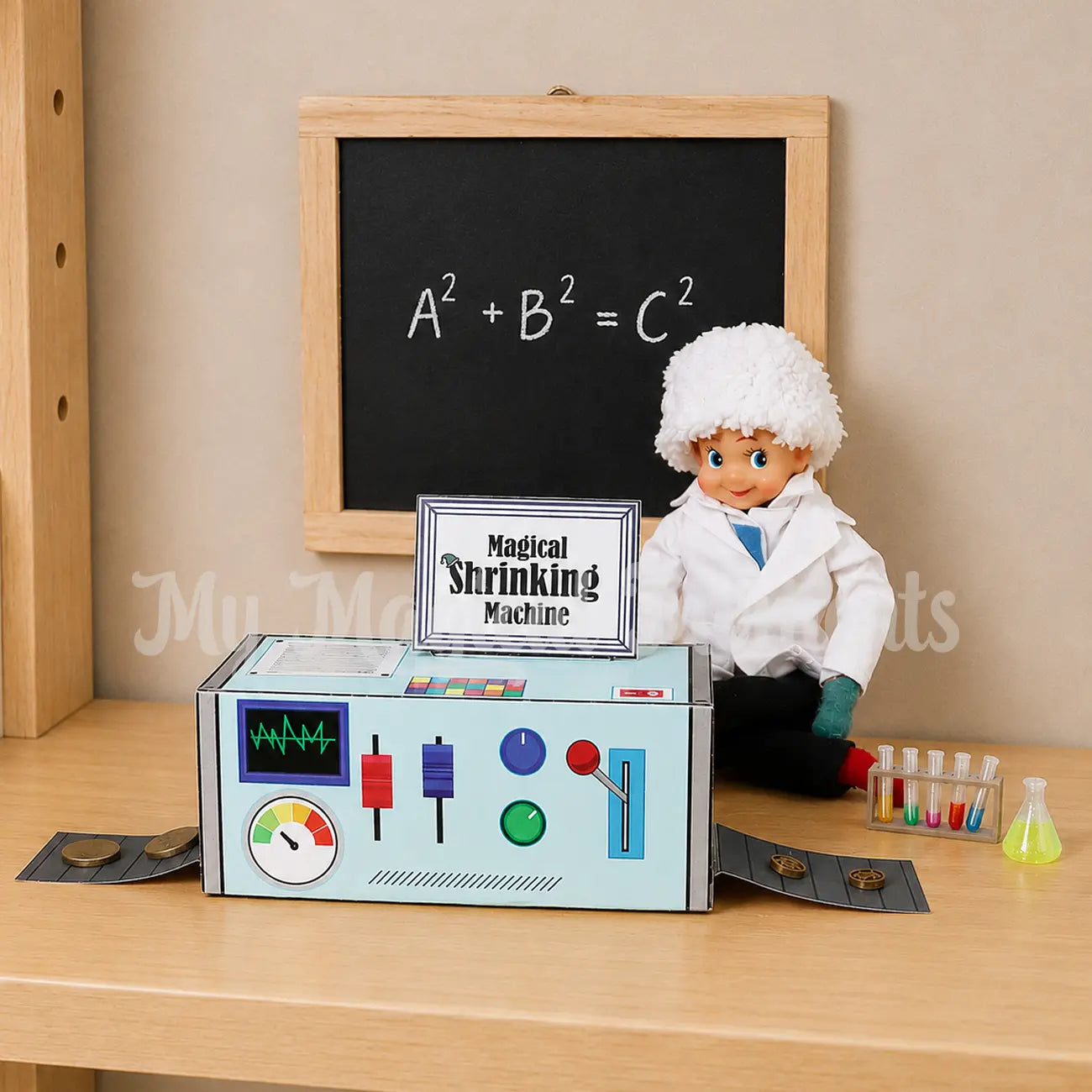 Elf dressed as a Scientist using a shrinking machine printable, shrinking money to elf sized coins