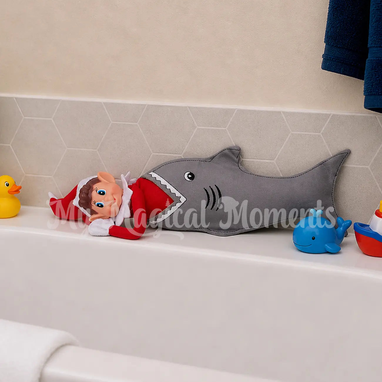 Elves behavin badly dressed in a shark costume