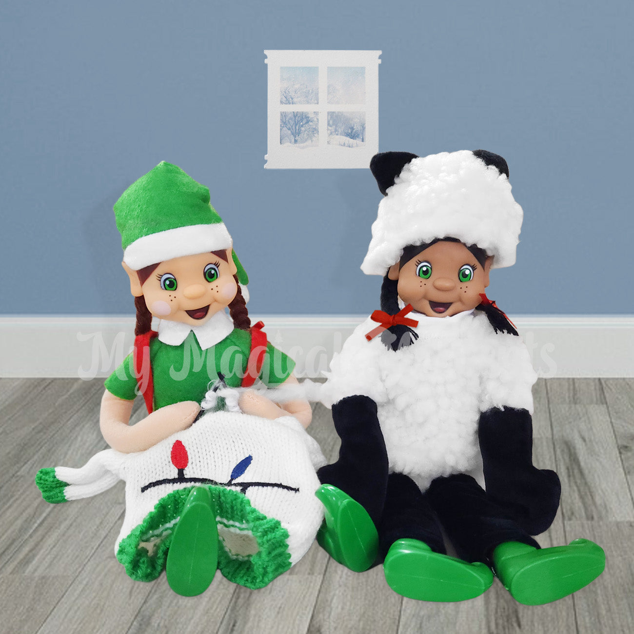 An elf knitting an ugly sweater using sheep elf costume wool