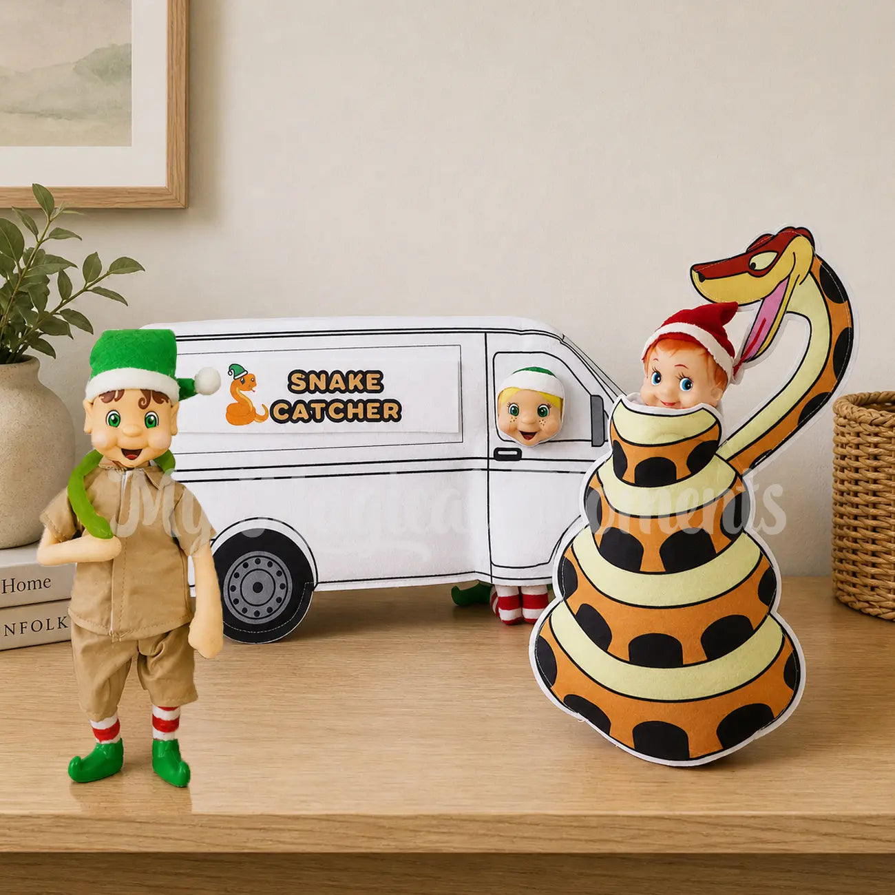 Elf dressed as a snake catcher van catching a snake eating an elf