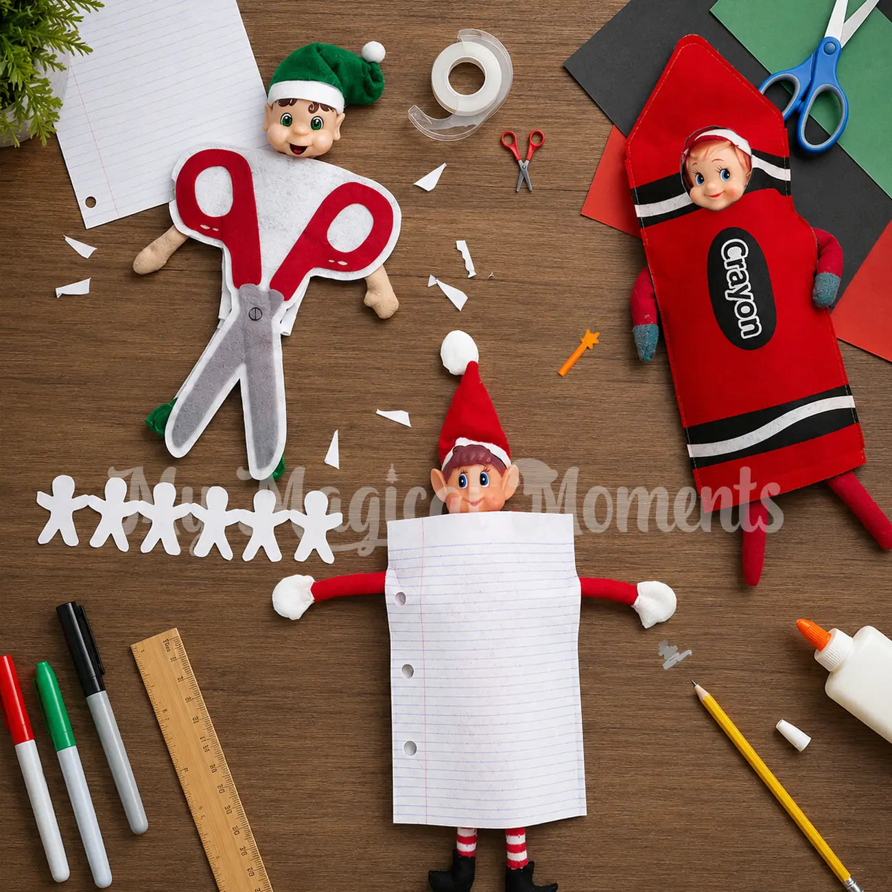 Elf costumes including rock outfit, paper outfit and red handled scissors