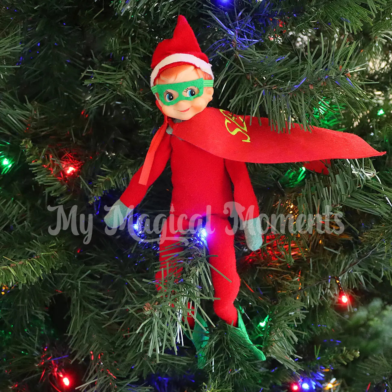 Elf in the tree with a superhero costume