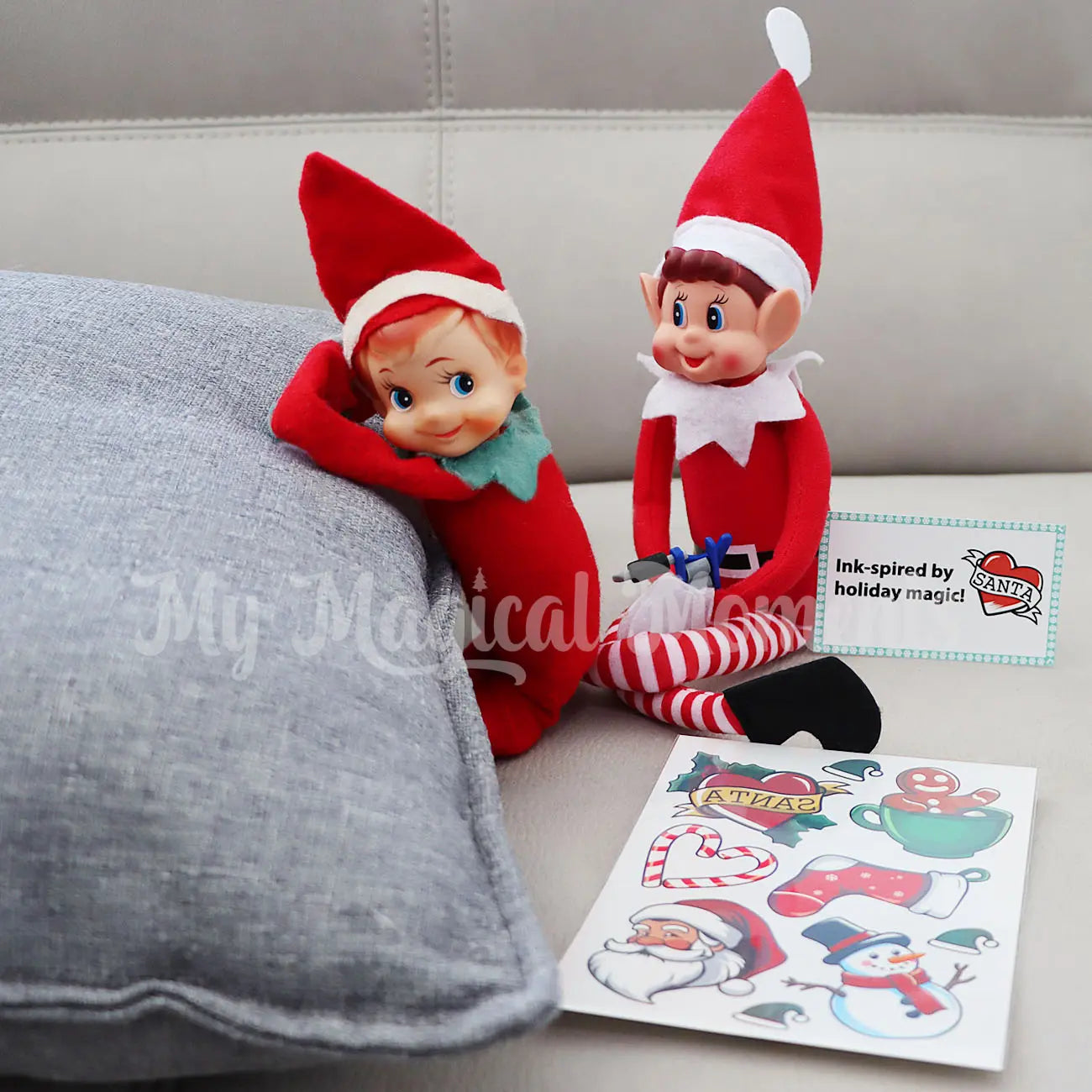 Elves behavin badly tattooing elf on the shelf with a mini tattoo gun prop and tattoo sheet