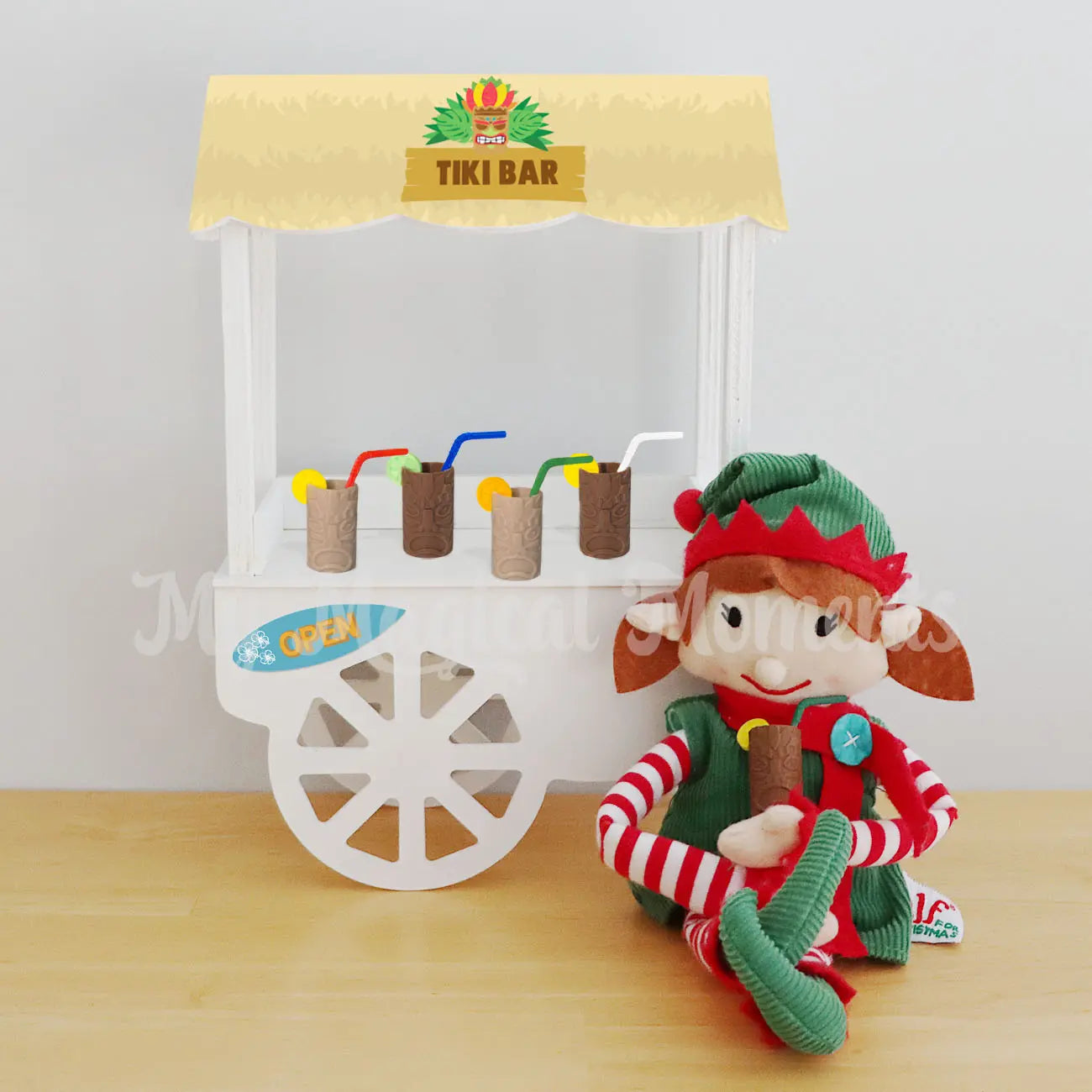 Elf for christmas with a tiki bar on a vendor cart printable with mini elf sized tiki cups