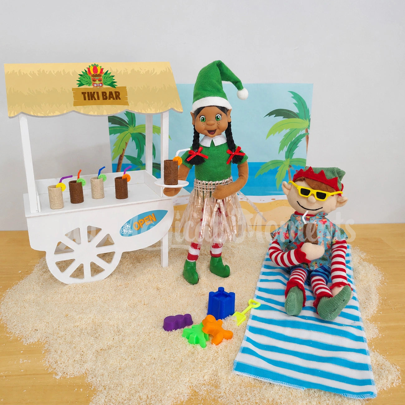 Elf for christmas with a tiki bar on a vendor cart printable with mini elf sized tiki cups