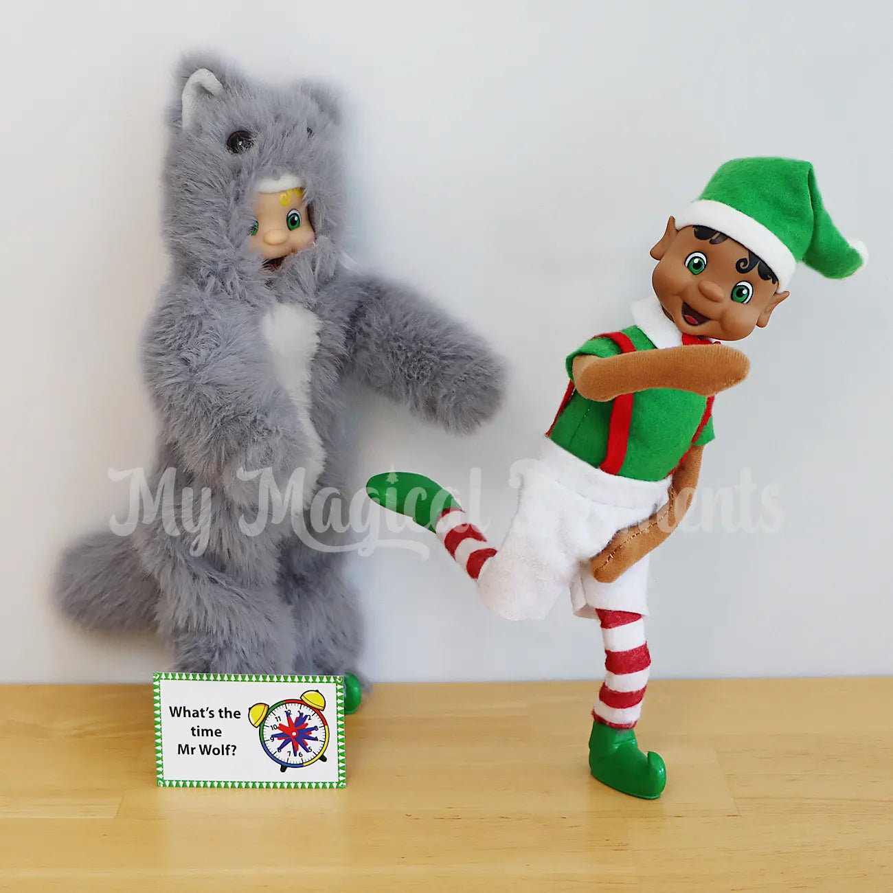 elf running away from an elf dressed as a wolf.