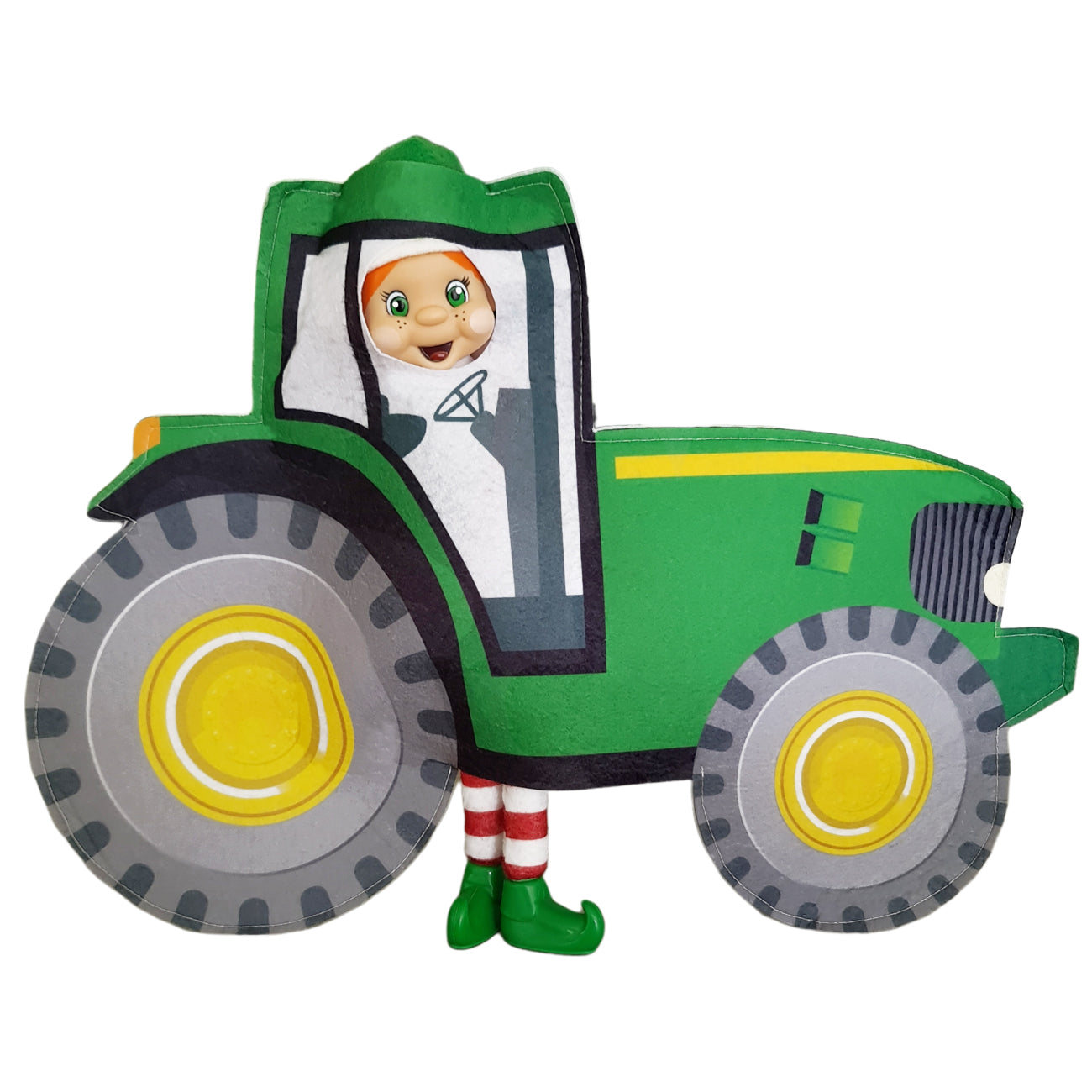 elf wearing a tractor costume