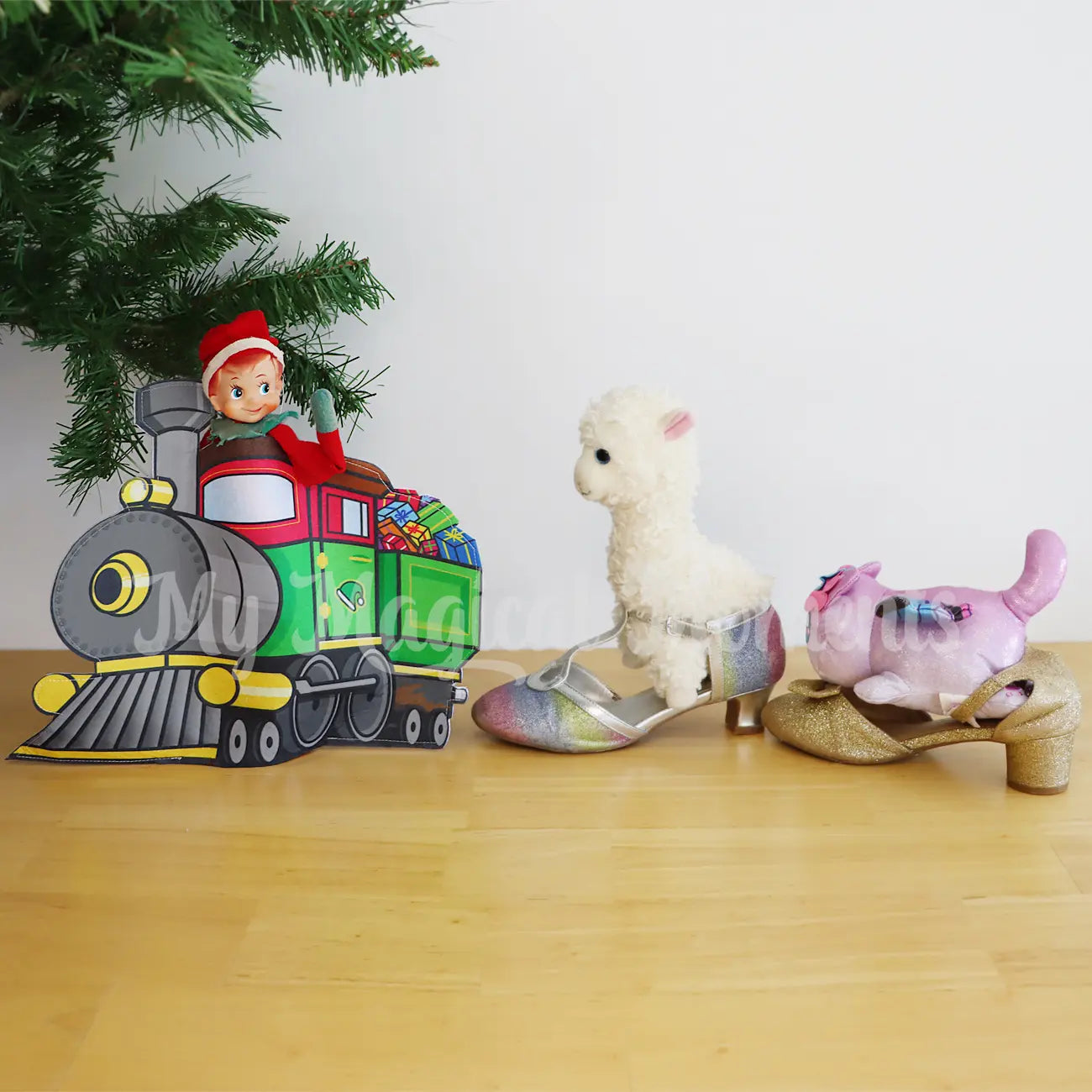 Elf shoe train under Christmas tree