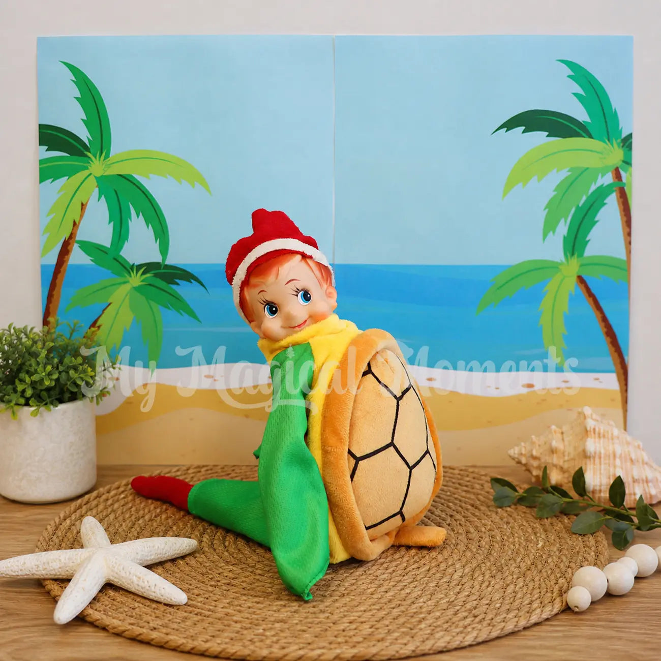 elf wearing a turtle costume in front of a beach scene printable