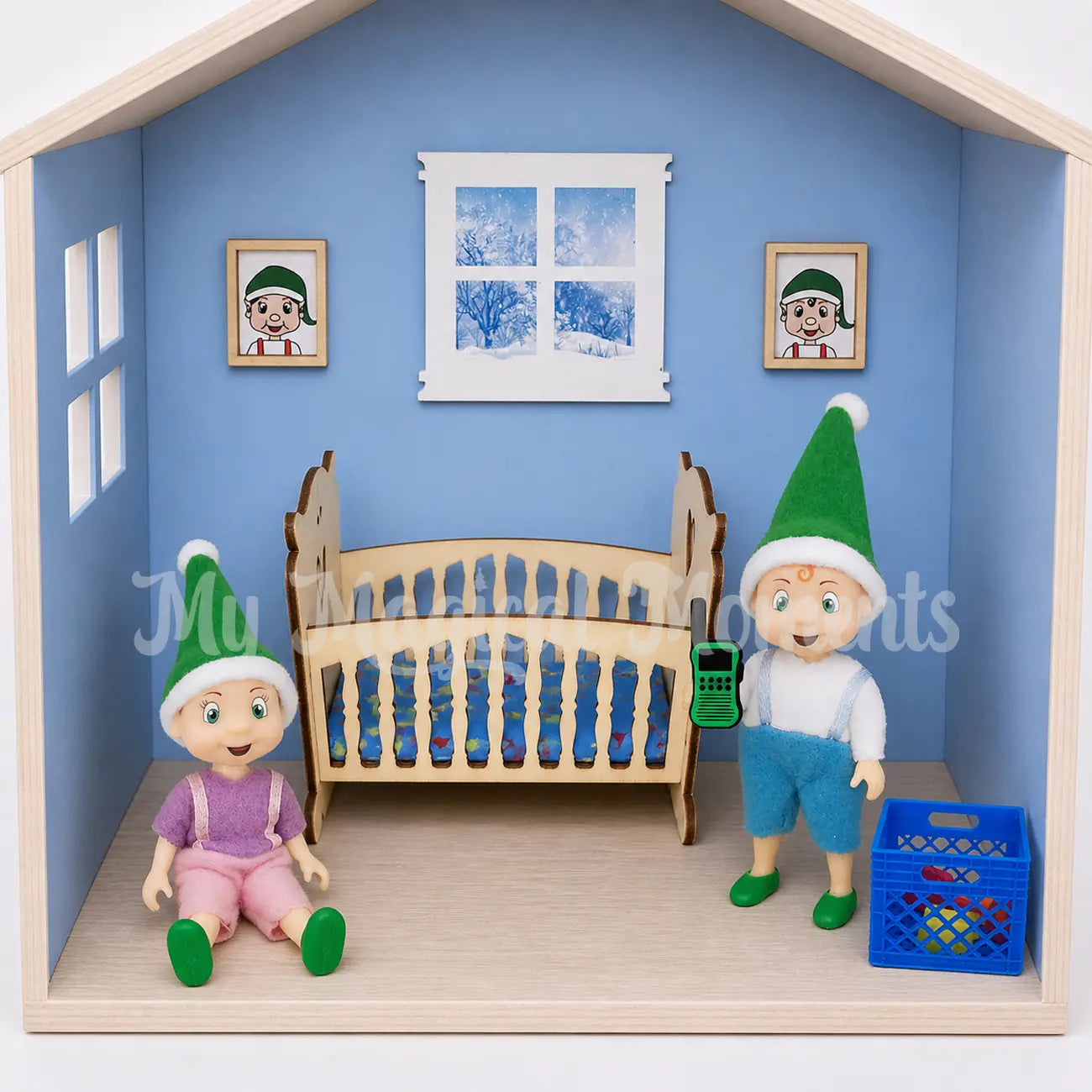 Elf toddlers playing with walkie talkies in their nursery