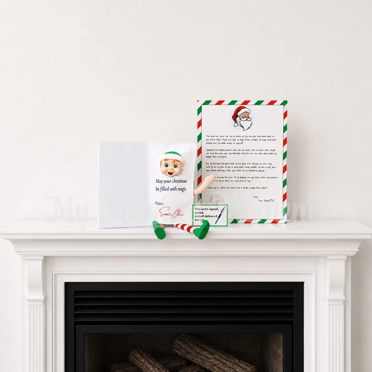 Elf wearing a Christmas Card Costume and a Free Elf Goodbye Letter