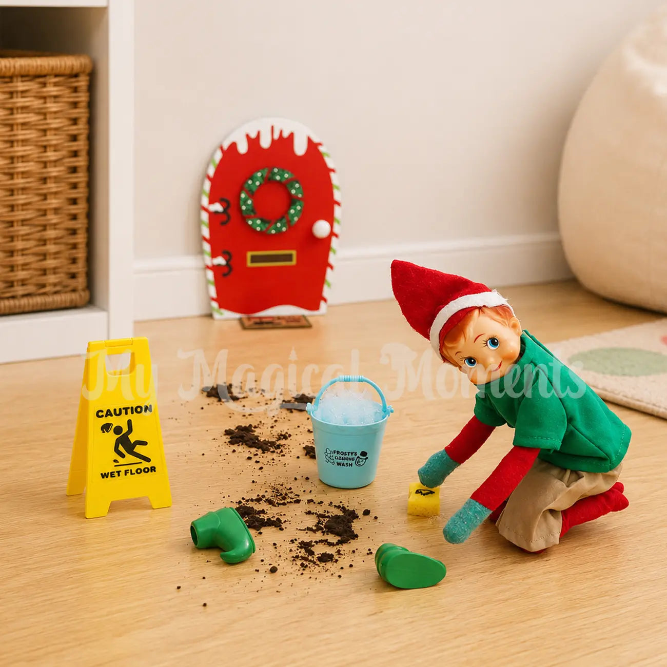 Elf shelf wearing a green shirt cleaning dirty footprints left from shoes, a wet floor sign is out the front of the elf door and door mat. Elf is using a bucket and sponge