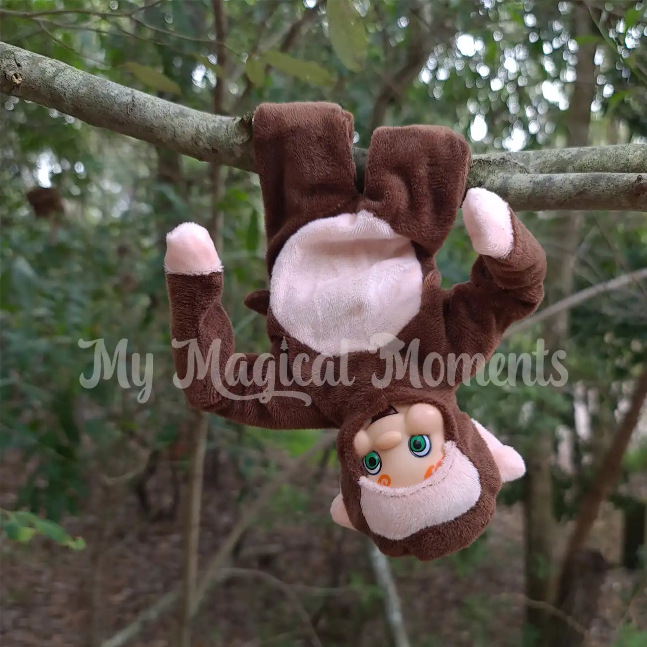 elf dressed as a monkey hanging from a tree at Bribie Island
