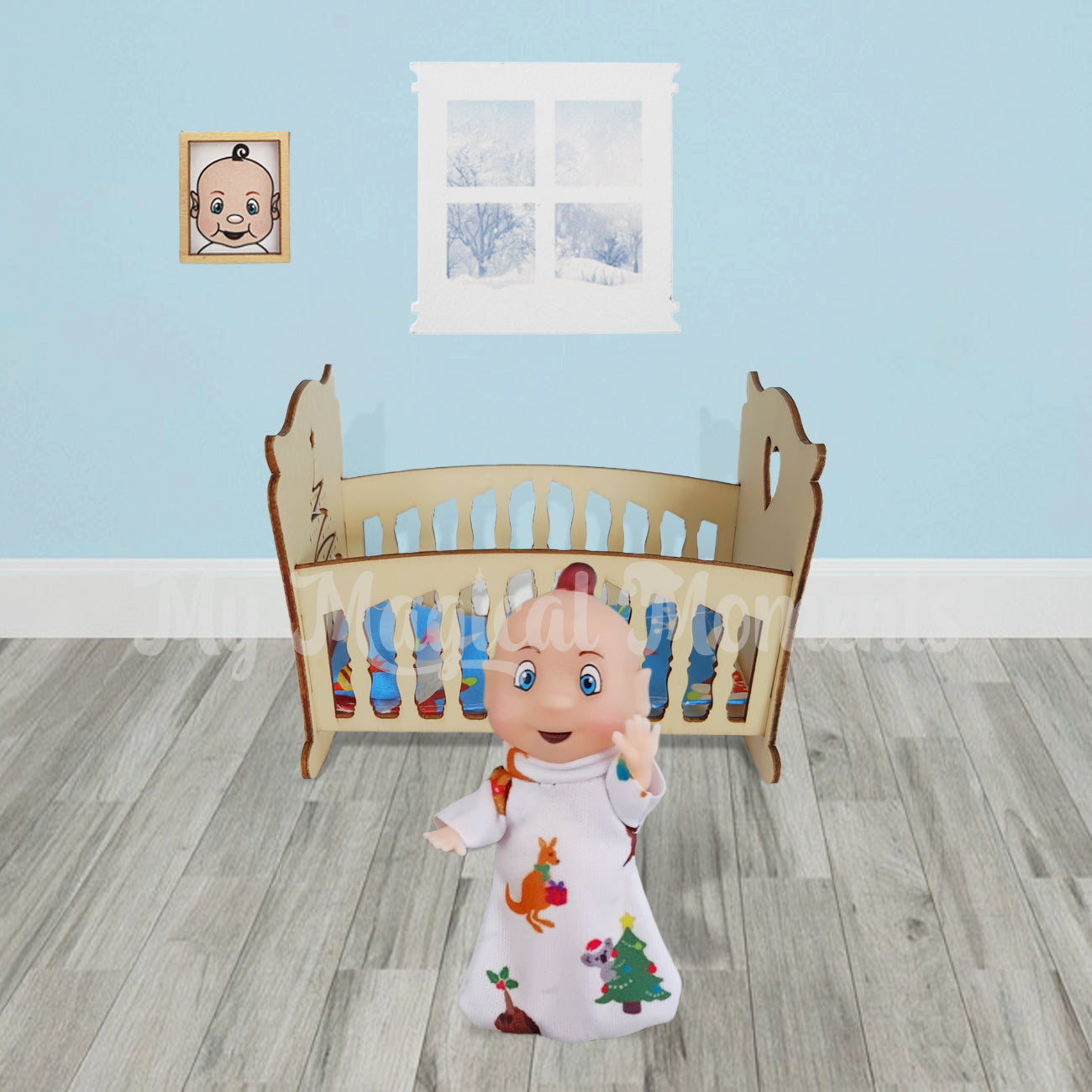 Elf baby wearing Aussie pjs in nursery