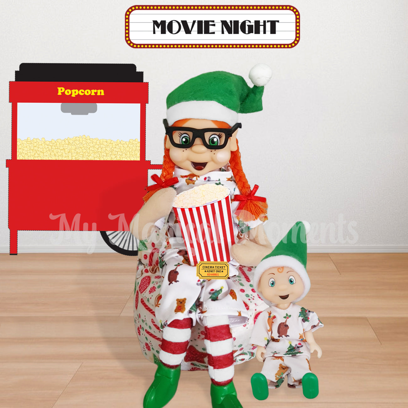 Orange hair elf eating popcorn sitting on a bean bag with toddler for a movie night