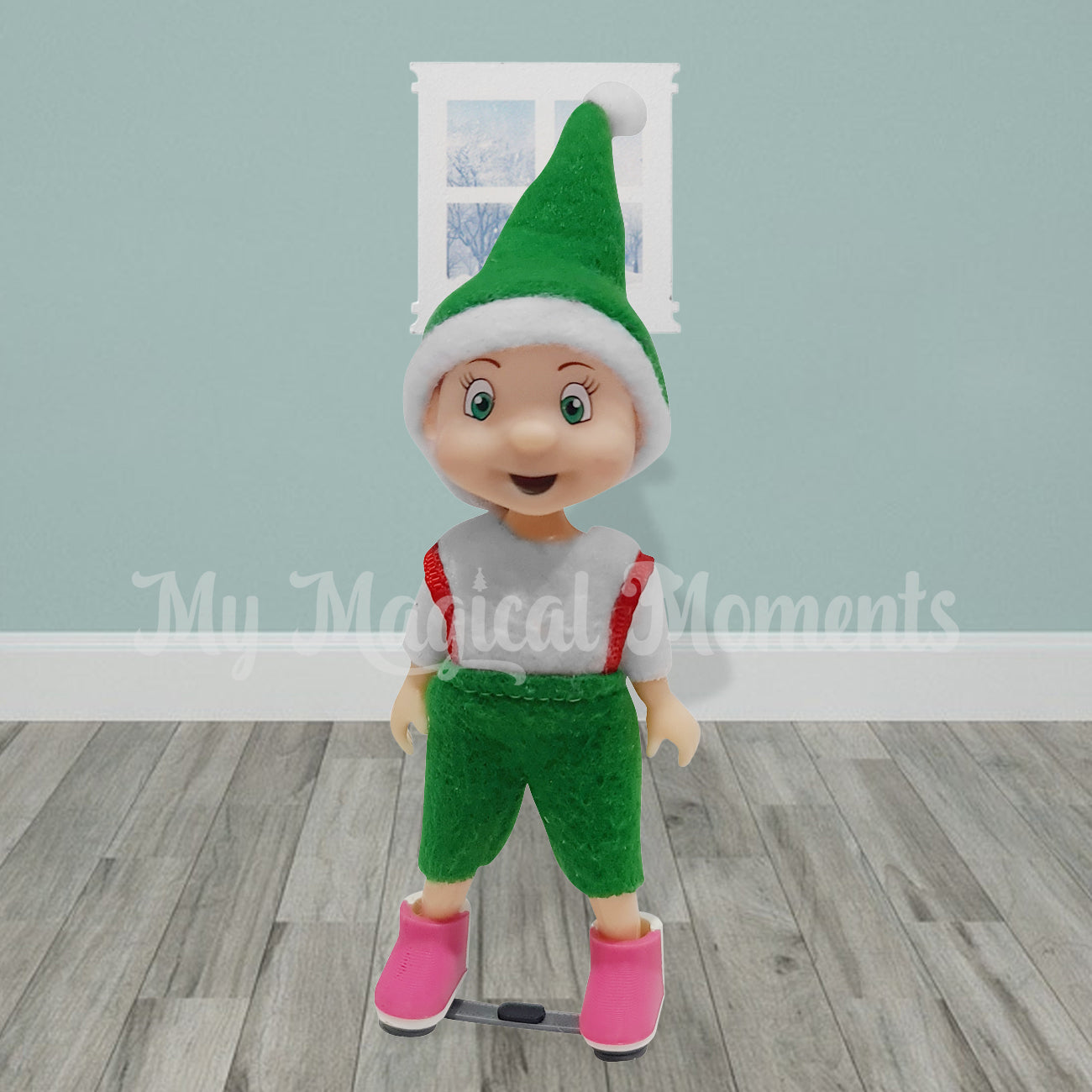 Girl elf toddler wearing pink ponseti boots