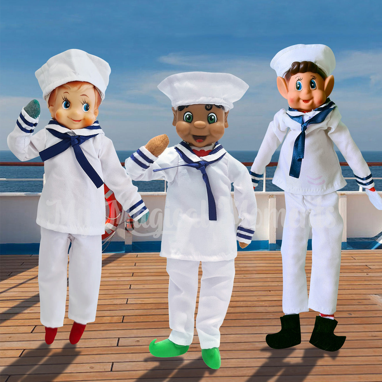 elves dressed as sailors on a boat