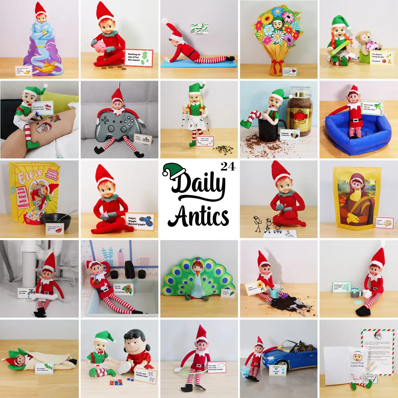 24 Day elf pack daily antics collage. 1 elf 24 day worth of ideas