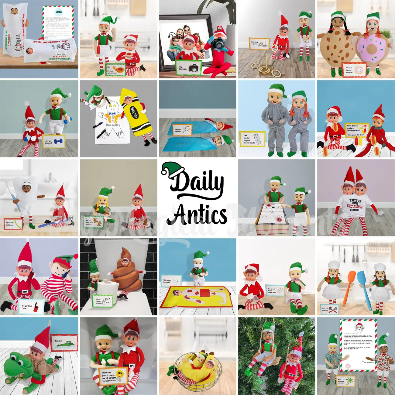 24 days of elf antics collage of what is included in the 24 day elf kit