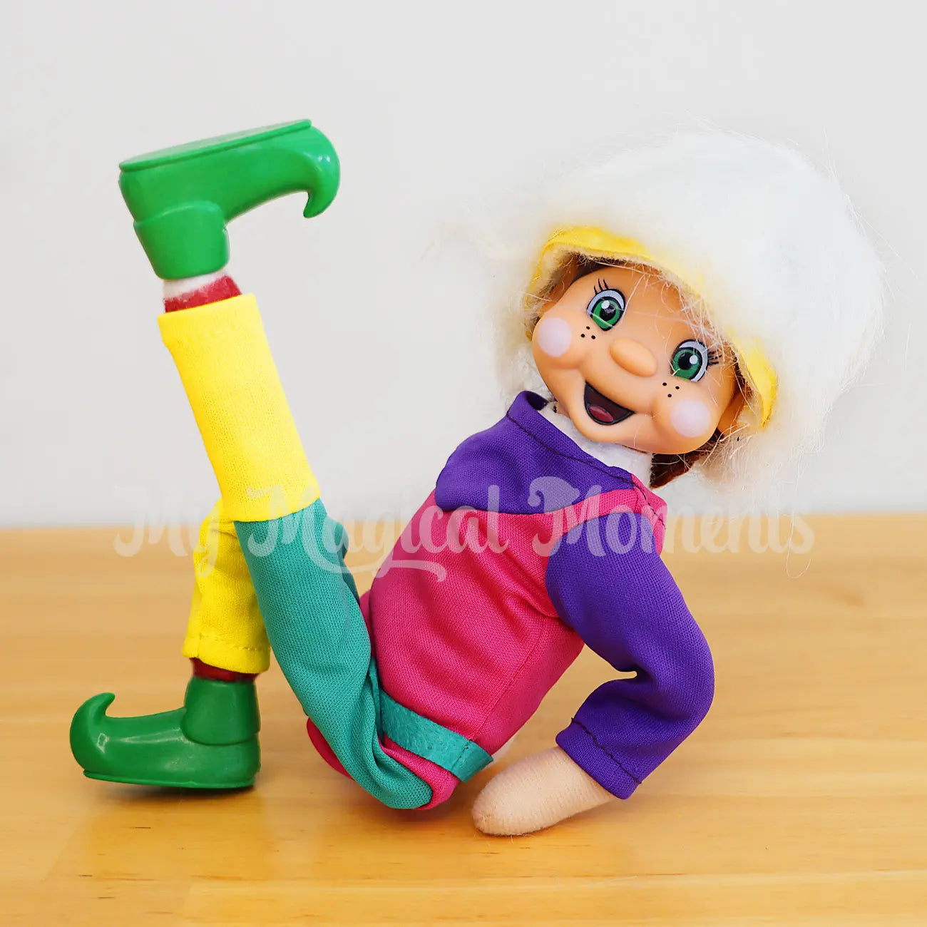 bendable elf wearing a 80s work out costume