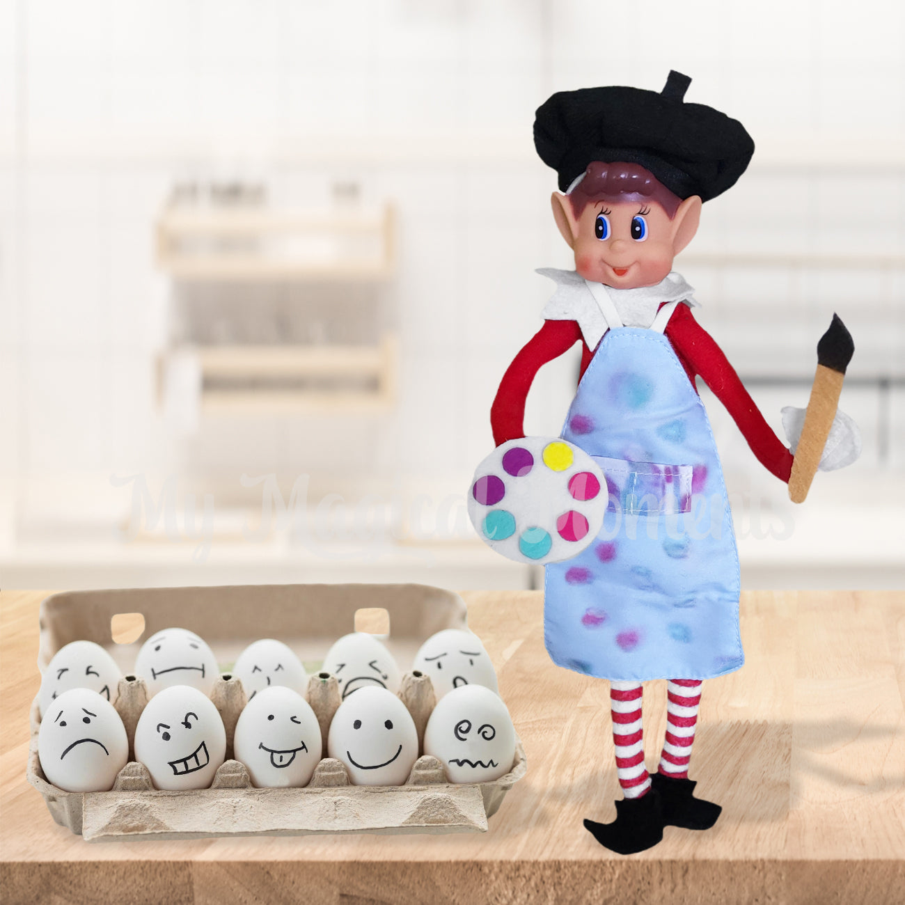 Elf painting eggs prank in artist costume