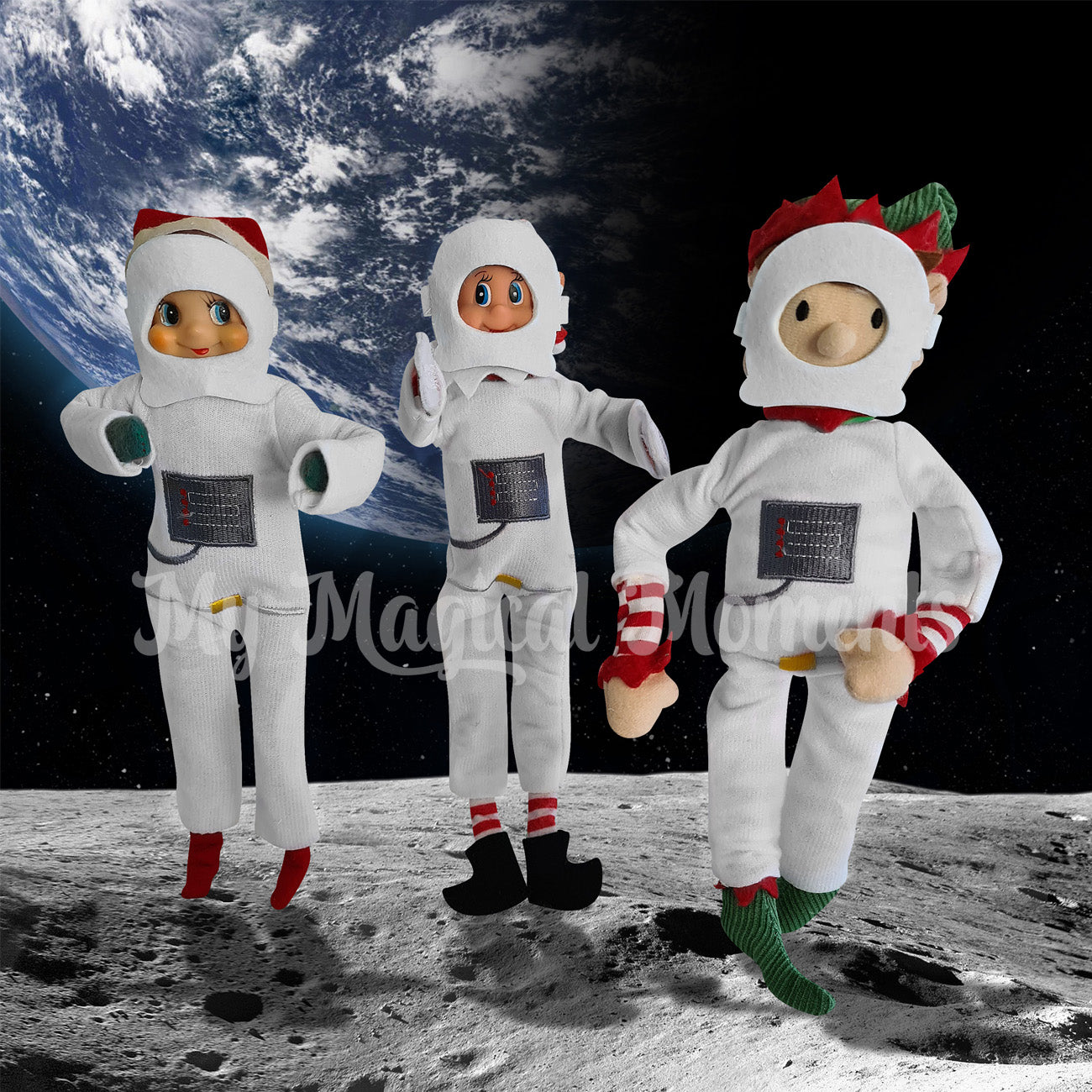elves behavin badly wearing a spacesuit with an elf for christmas astronaut
