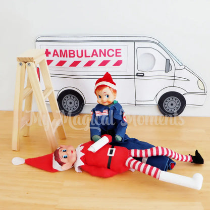 Elf helping an elf with  a broken arm with an ambulance