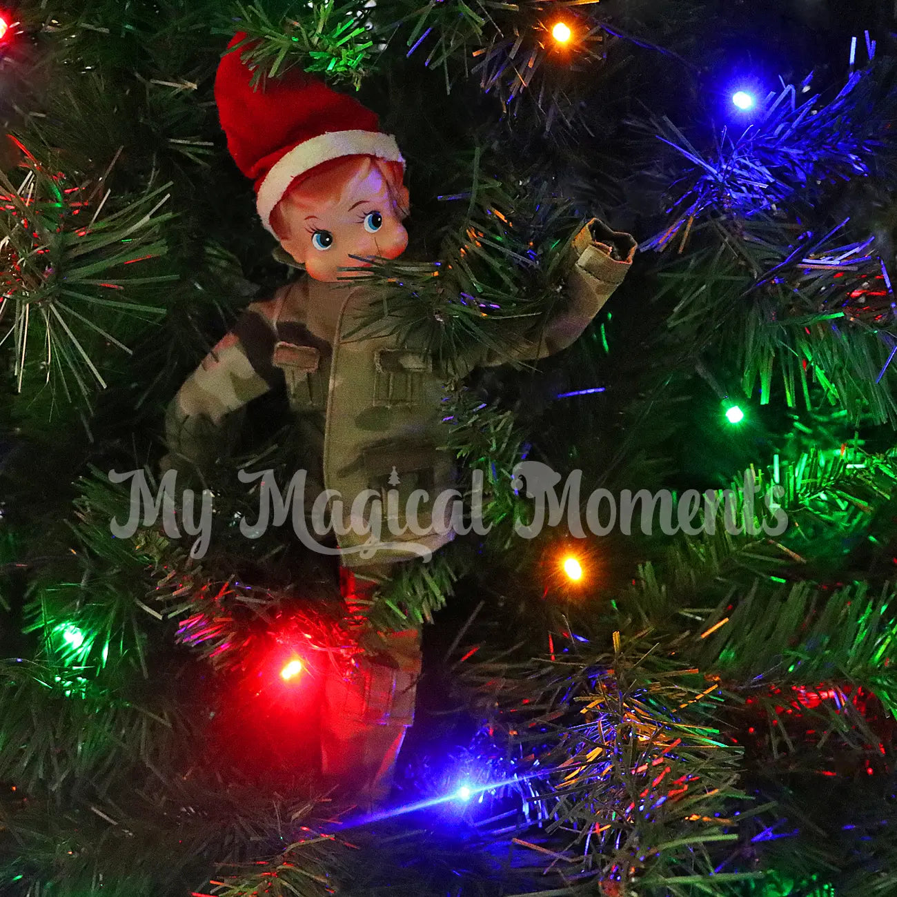 Elf wearing an army outfit hiding in the tree