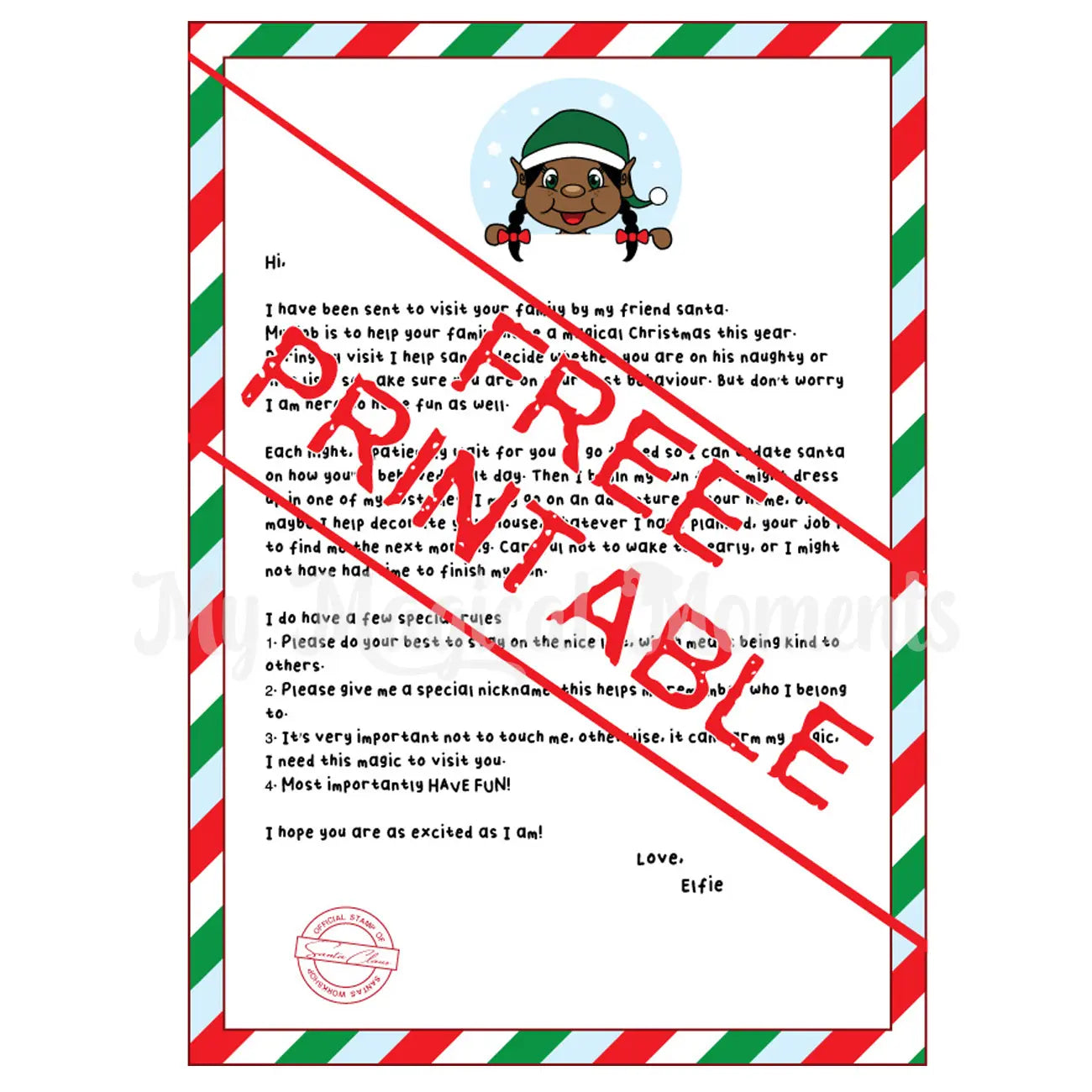 Free printable arrival letter - Girl Black Hair elf