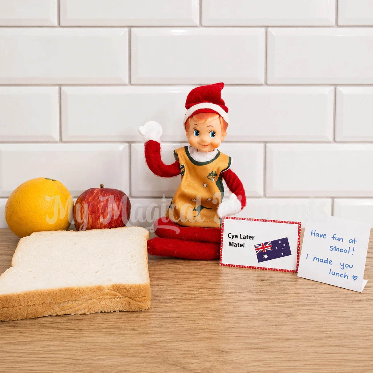 Elf Wearing an aussie singlet, made lunch for family with a note saying see ya later