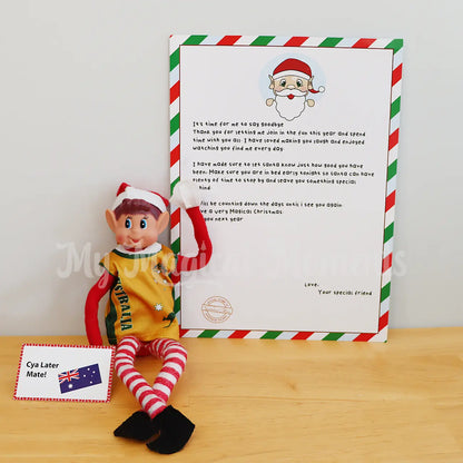 Elf wearing an Aussie singlet saying goodbye with a letter