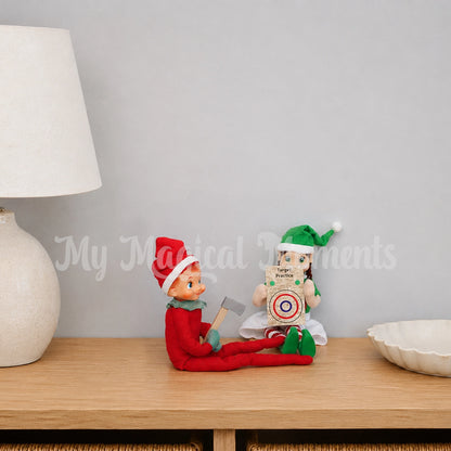 Elves playing target practice with an axe
