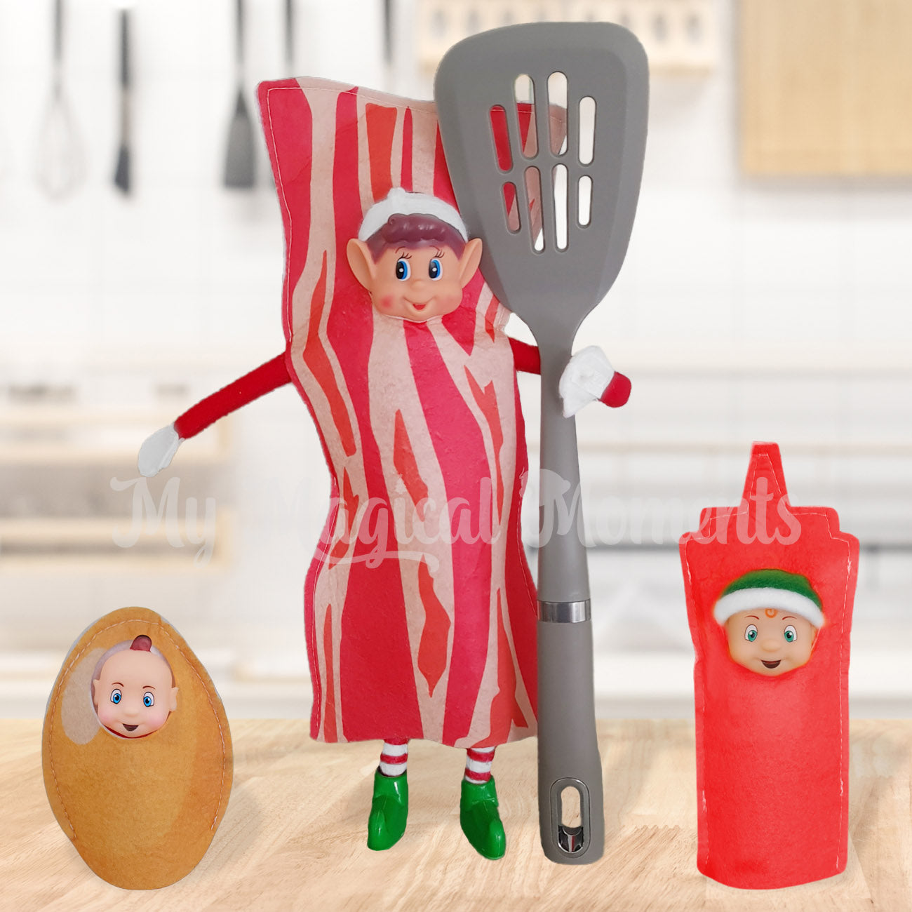 Bacon elf with ketchup elf toddler and baby elf dressed as an egg