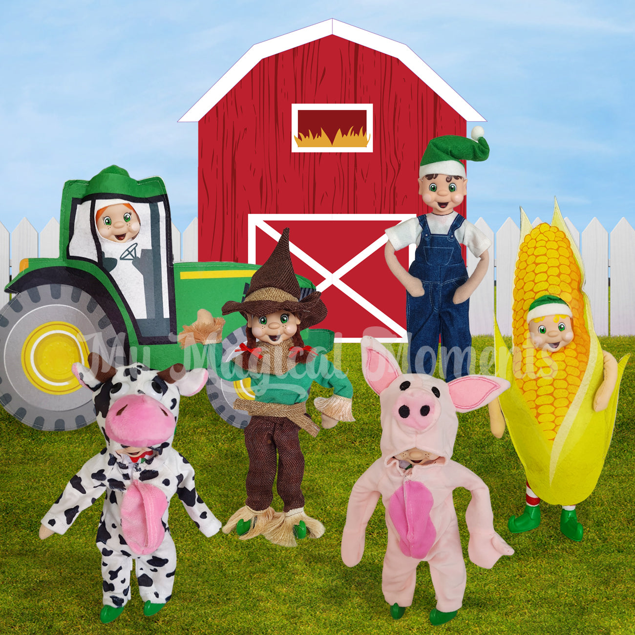 Elf Farm barn scene. Range of elves dressed in farm themed costumes. Including corn, pig, cow, scarecrow and a tractor