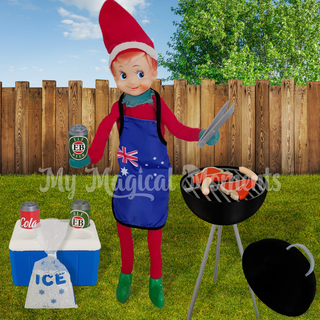 Elf having a bbq whilst wearing an aussie apron and drinking cans of beer with their esky