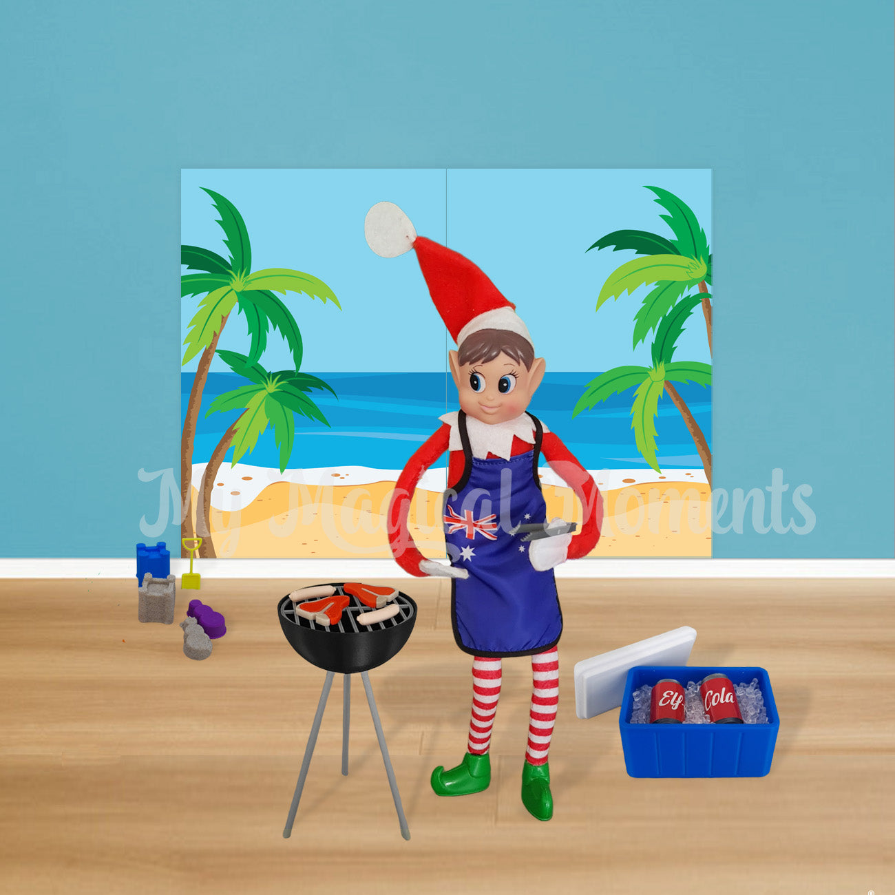 Elves behavin badly standing in elf shoes cooking a bbq at the beach