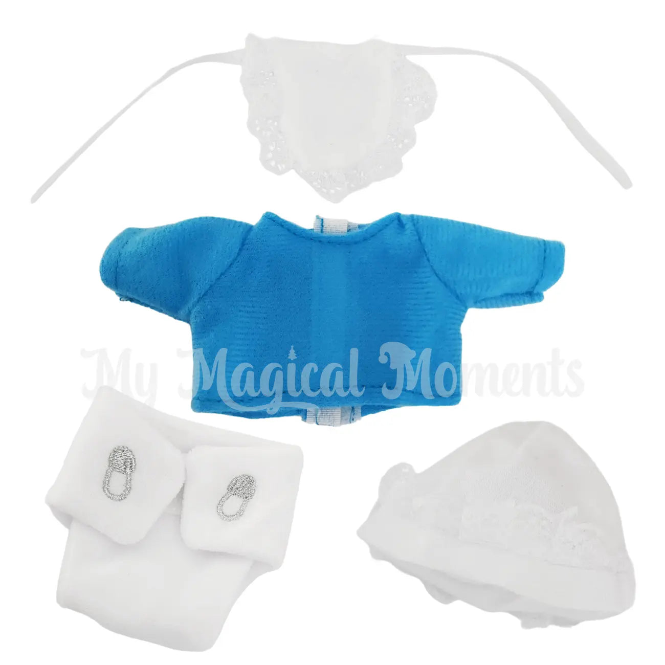 Elf baby dress up, diaper, bonnet, blue shirt and bib