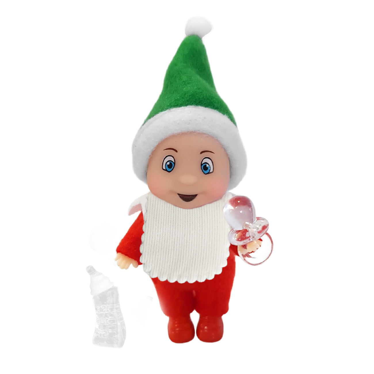 Elf baby wearing a bib, holding a bottle and pacifier