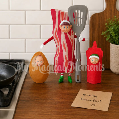 Bacon elf with ketchup elf toddler and baby elf dressed as an egg