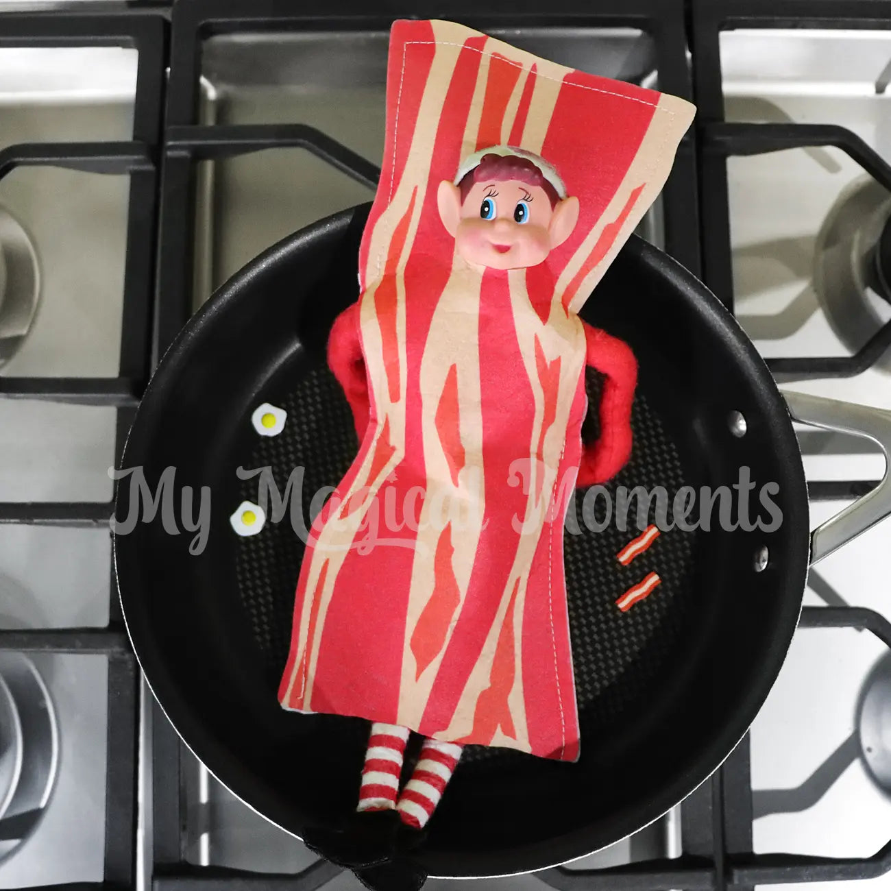 Elf dressed as Bacon with mini bacon & eggs in the pan