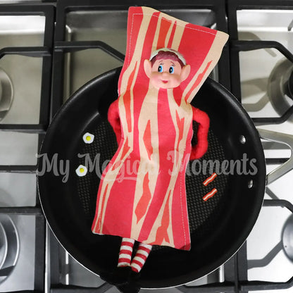 Elf dressed as Bacon with mini bacon & eggs in the pan