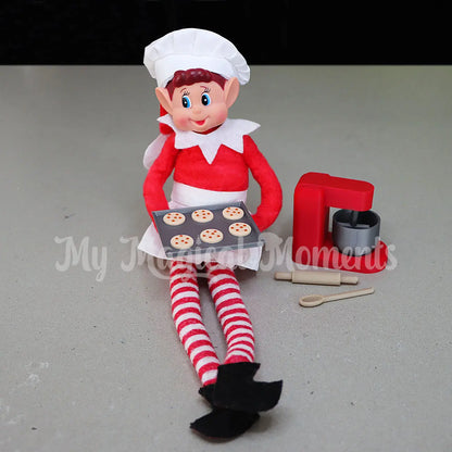 Elf With mini tray of Chocolate chip cookies and baking set with chef outfit