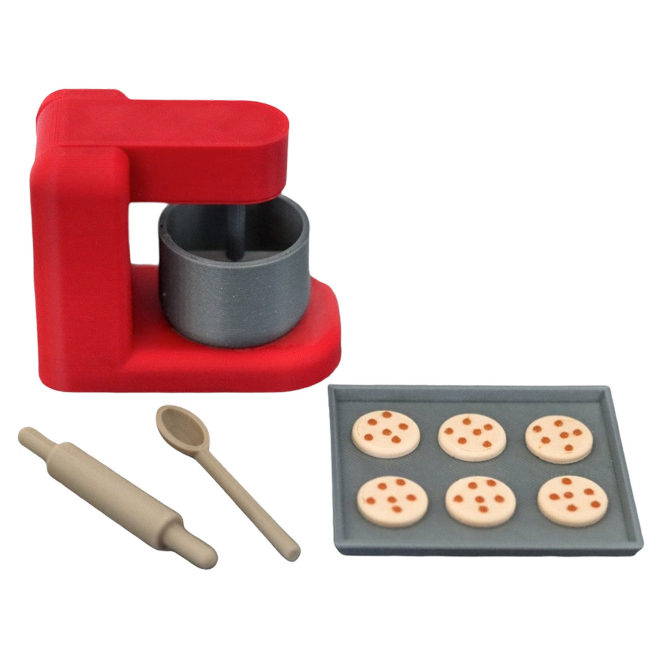 Elf Baking Set, Red mixer, silver bowl, miniature rolling pin, spoon, tray and chocolate chip cookies