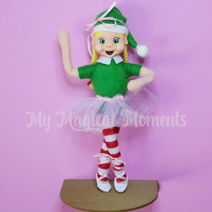 My Elf Friends wearing a a ballerina outfit on a shelf