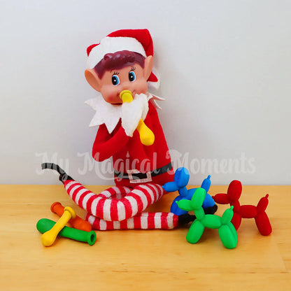 elf blowing up balloons and making balloon animals