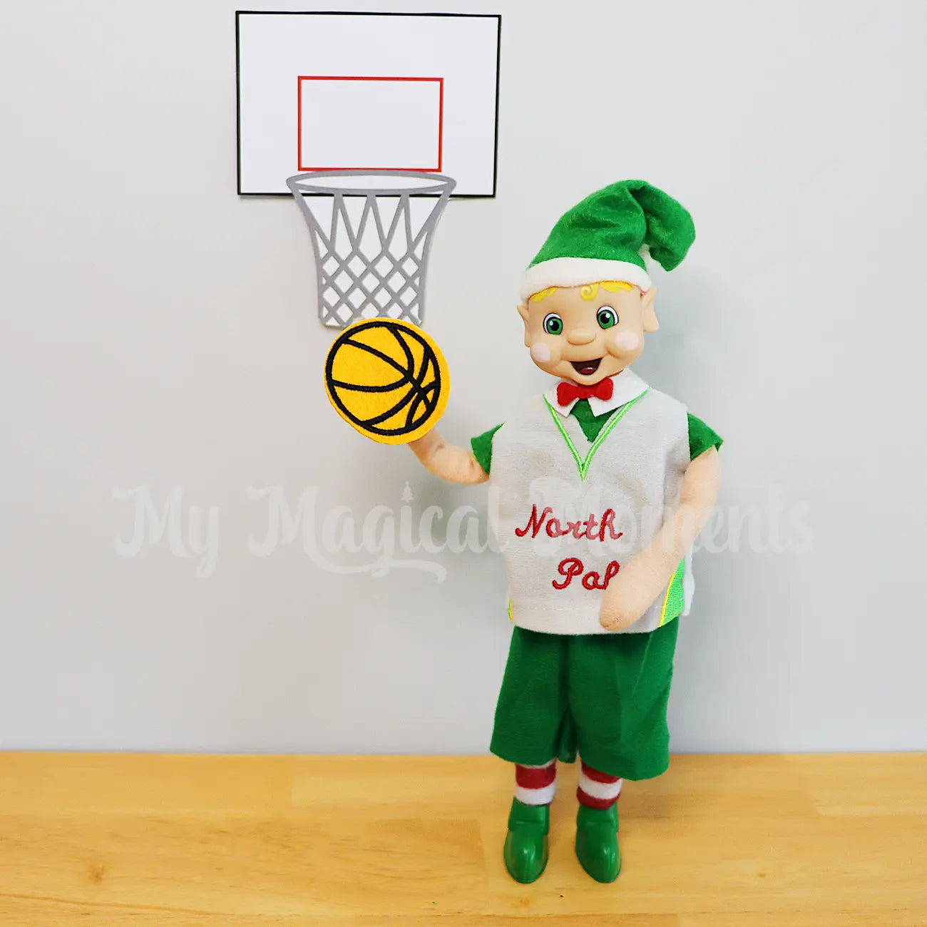 elf playing basketball wearing a basketball uniform