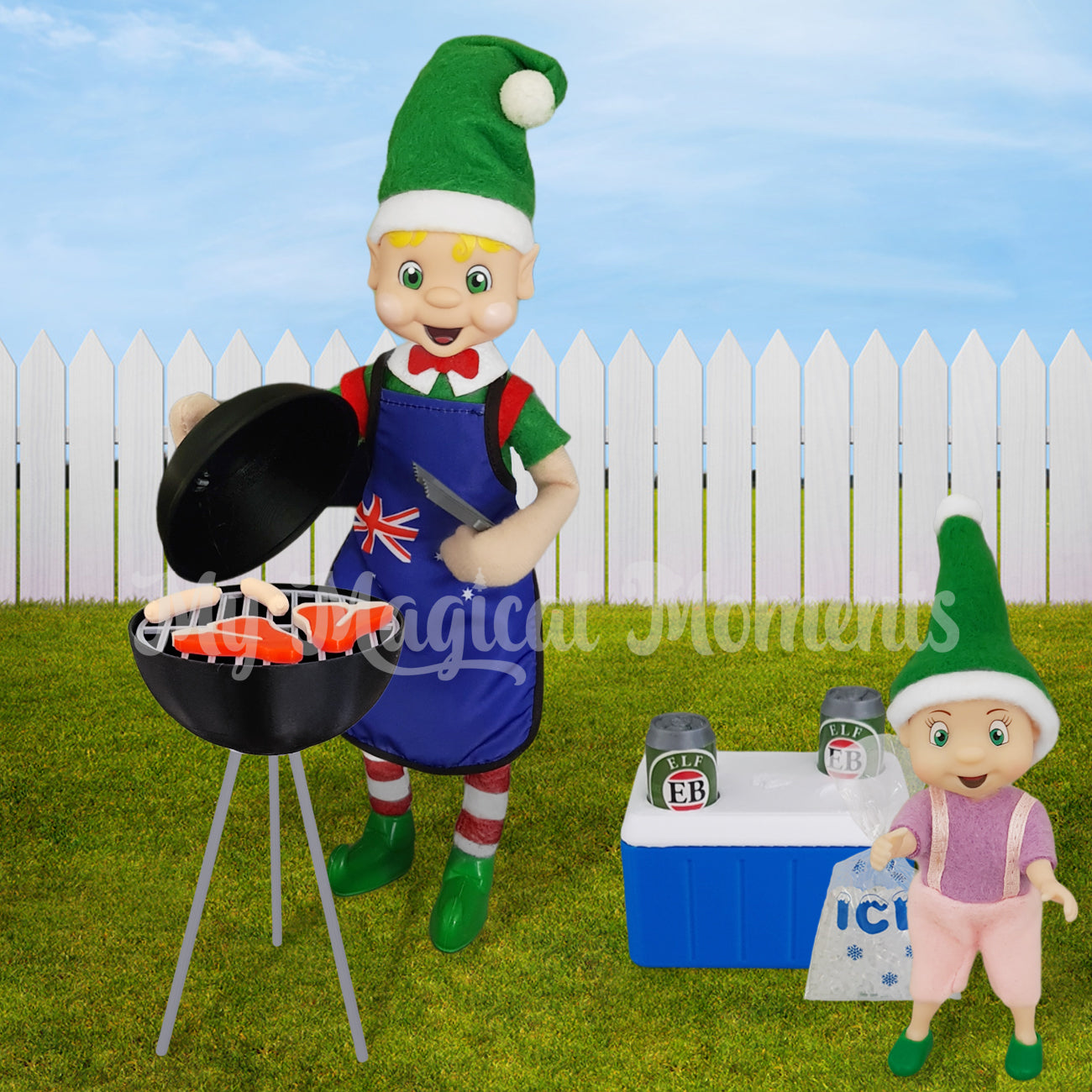 Blonde hair elf wearing an aussie apron is cooking a bbq with his elf toddler and esky
