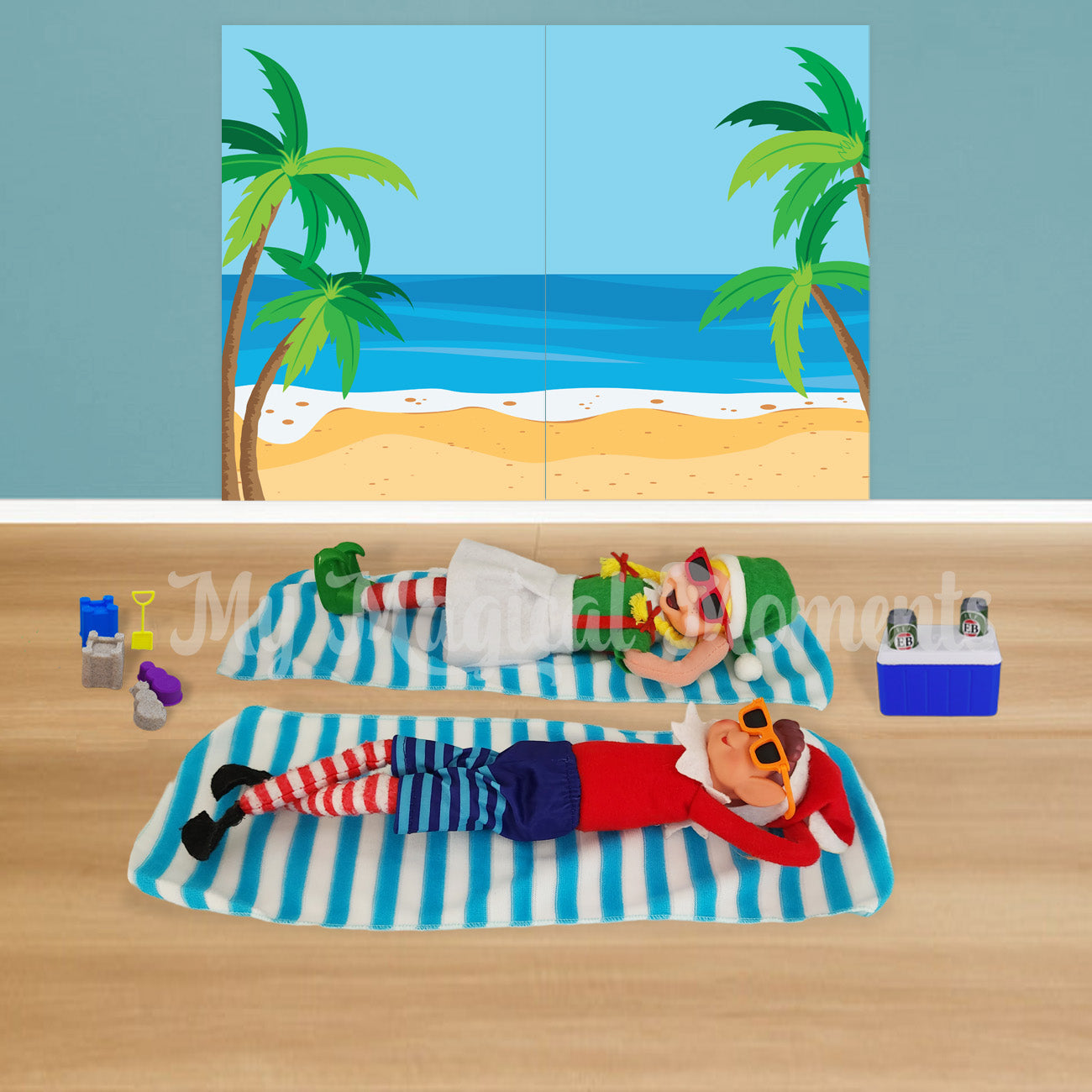 Elves laying in the sun on a beach with sunglasses and a beach towel