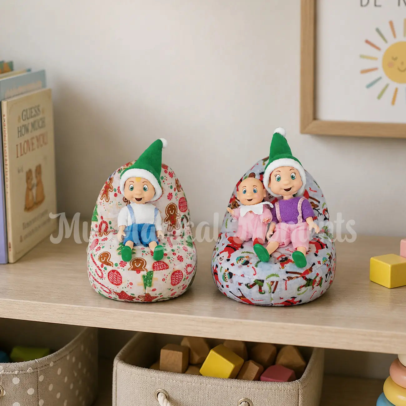 Elf toddlers and elf baby are sitting on miniature bean bags